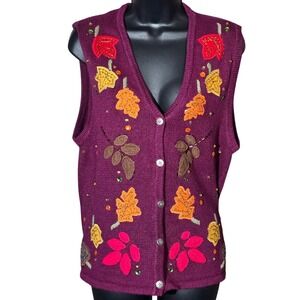 Fall Leaf Applique Purple Sweater Vest Beaded Sequin Knit Medium Plum